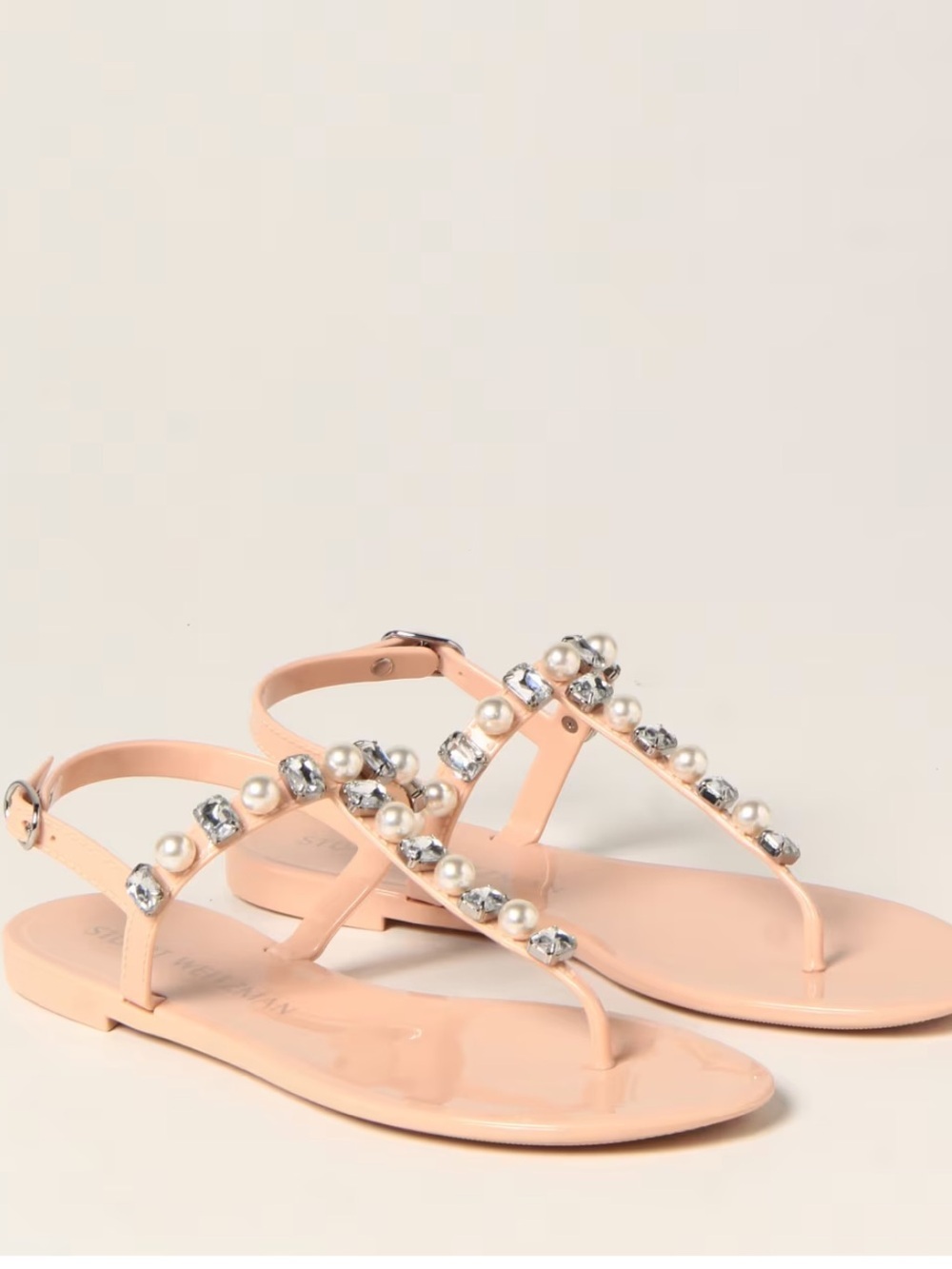 Stuart Weitzman NEW Goldie Jelly Crystal and Pearl Embellished T-Strap Sandal 9